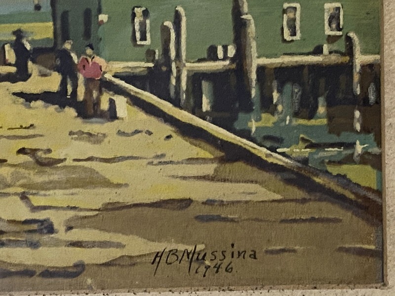 H B Mussina (1903 - 1969 US) Original Harbor Scene Gouache Painting C1946 gallery