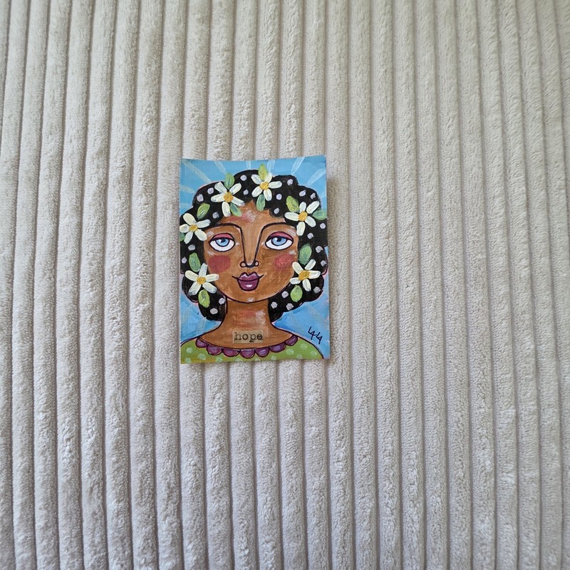 ORIGINAL ACEO Folk Art Painting Girl Woman Hope Flower Portrait Daisy Leaf Flora gallery