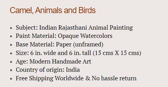 Indian Camel Painting Handmade Rajasthani Animal Bird Miniature Decor Folk Art gallery