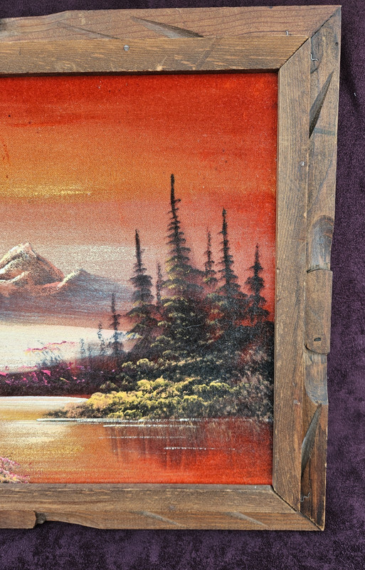 VTG 70s Velvet Painting Mountain Trees Water Landscape Hand Carved Wood Frame gallery