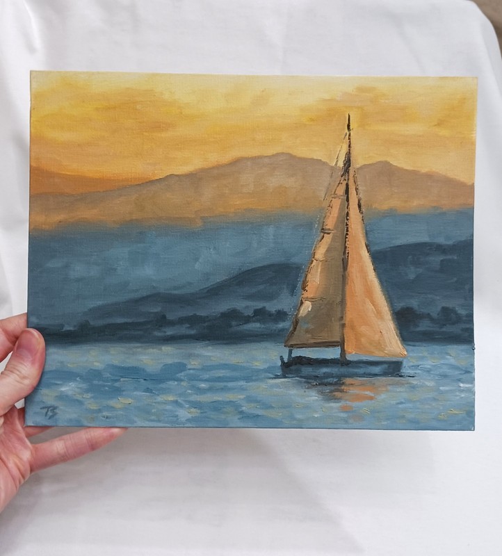ORIGINAL Oil Painting IMPRESSIONISM Sailboat Sunset Lake River Boat Art 8"x10" gallery