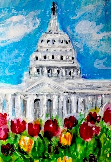 ACEO Original PAINTING Washington DC in SPRING Tulip Flowers Landscape ATC ART