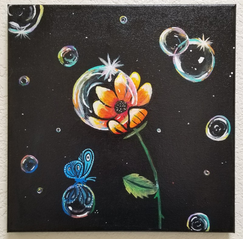 FANTASY FLORAL OUTSIDER ART PAINTING ON CANVAS ~ SIGNED~ 12″ X 12″~ GALLERY WRAP