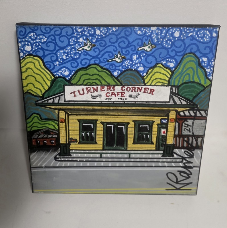Kip Ramey Artist Southern Folk Art Painting Turner Corner Cafe 12×12