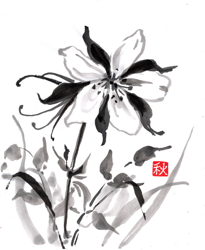 Original sumi e painting on paper, COLUMBINES, 9″x8″, oriental, signed