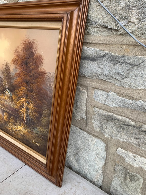 S. Hills Signed Lakeside Landscape Vintage Original Painting Oil / Canvas 27X31" gallery