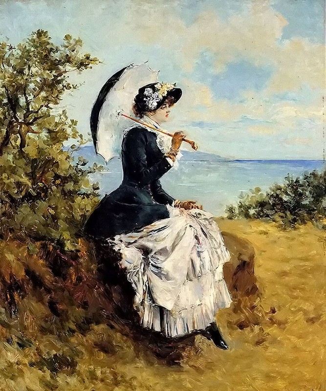 Oil painting Ricardo Diaque – by the sea young lady with parasol landscape art
