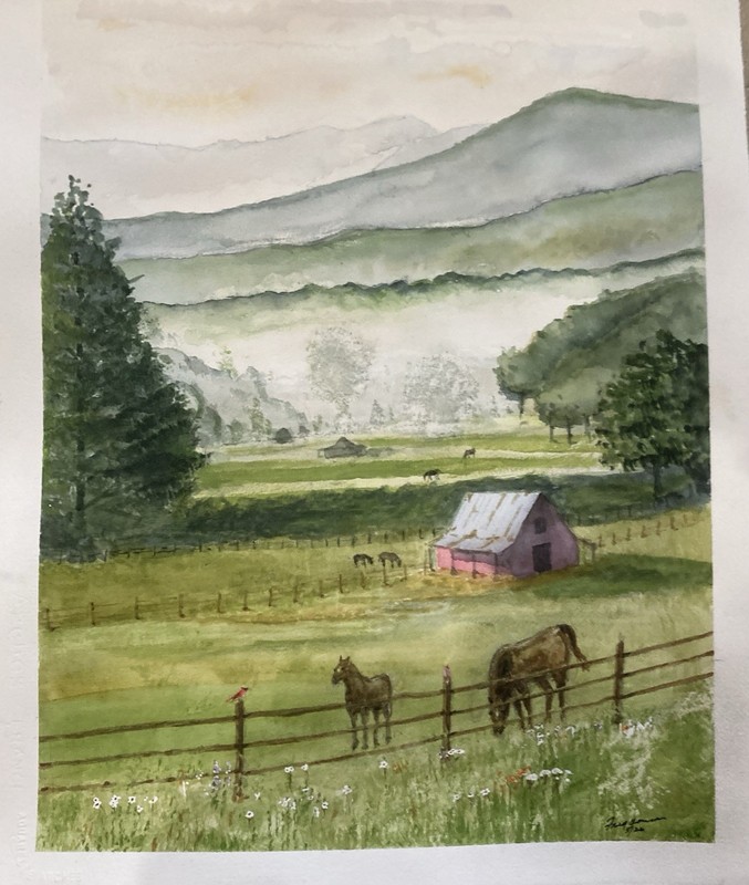 Watercolor Realism Landscape Painting on Paper, Unframed Barn Horses Signed