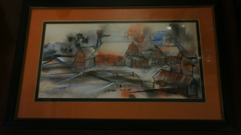 FRAMED J GREEN 12-26-68 FARMHOUSE DRAWING/PAINTING 10.5 X 16 FRAME