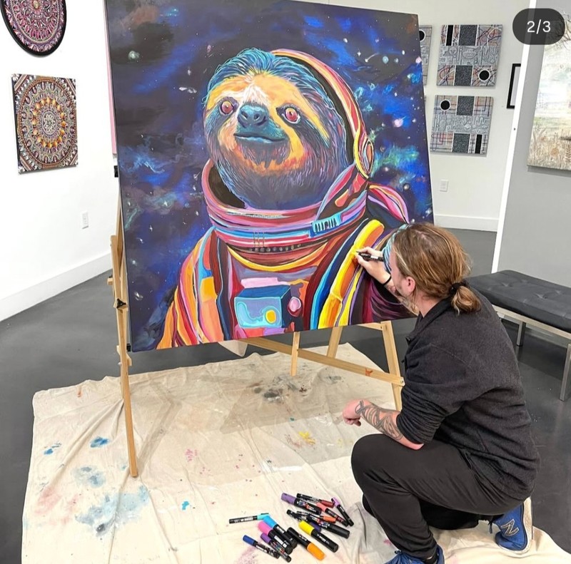 Abstract painting Sloth Astronaut (Original Art, HUGE 50 In Custom Wood Canvas) gallery