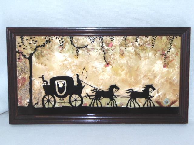 1930s COLOR CRAFT Reverse Painted SILHOUETTE, Horse Drawn Coach, Dried Flower