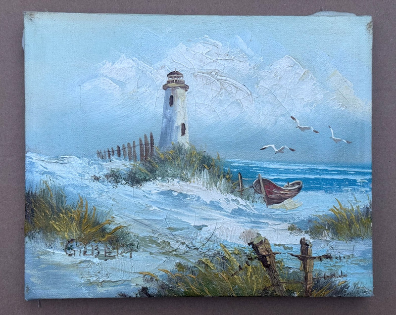 GILBERT VINTAGE OIL PAINTING LIGHTHOUSE SEASCAPE BEACH NAUTICAL BOAT 8″ X 10″