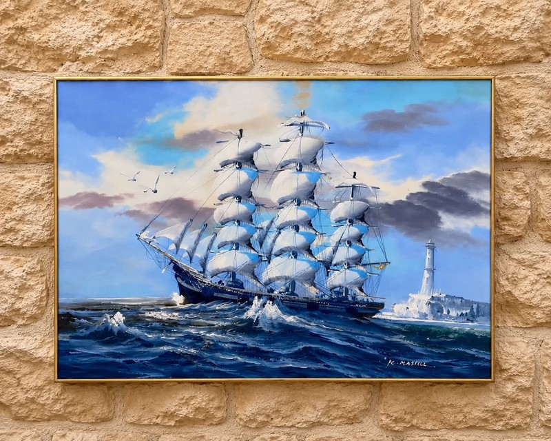 Hand Painted Oil Painting Sailing Ship at Sea Lighthouse Signed P.C