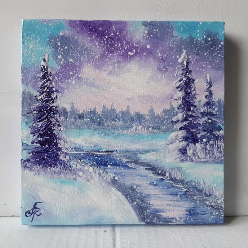 Original Winter River Landscape Oil Painting Snowfall Morning Blue Lavender Art gallery