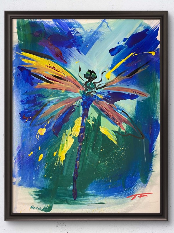 Colorful Expressionist Abstract Dragonfly On Paper Signed Unframed 11”x14”