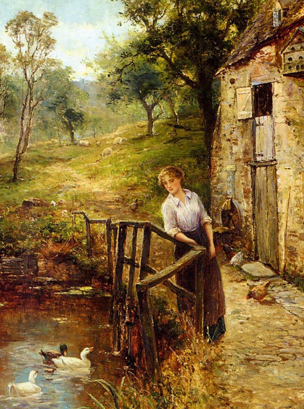 Ｏｉｌ　ｐａｉｎｔｉｎｇ ernst walbourn – young lady at the mill pond & ducks landscape