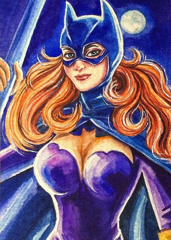 Watercolor Painting Woman Cat Catwoman Moon Night ACEO Art No.107