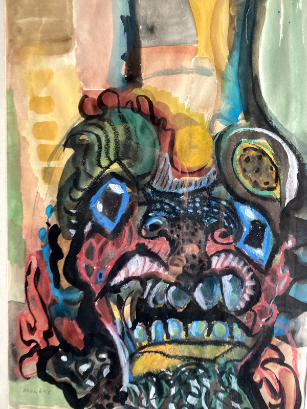 Watercolor Mixed Technique Mask Animal Signed Illegible 1969/5 °FOO Dog Gallery gallery