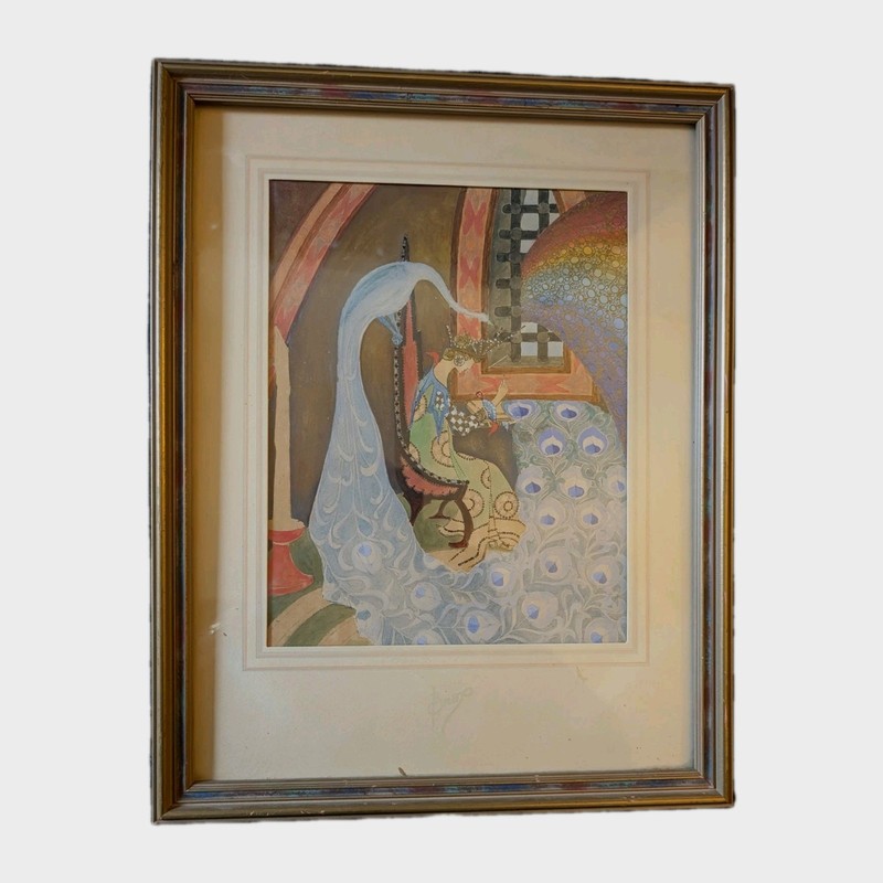 Fine Art Nouveau c 1910 Framed Gouache and Watercolor Painting Lady w/ Peacock