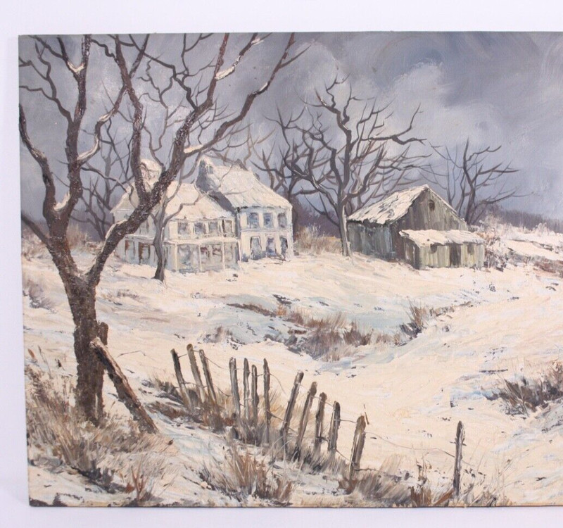 Cragoni Signed 36x24 Oil on Canvas Painting Vtg Winter Old Farm Fence Landscape gallery