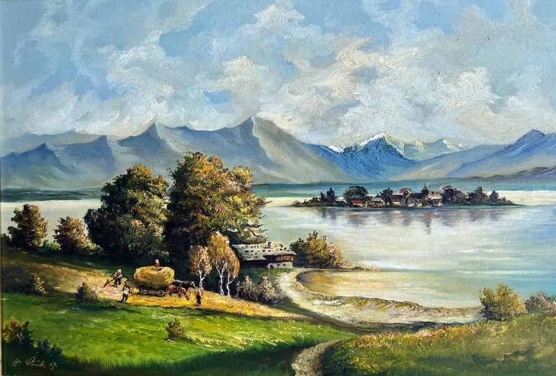 Artist Signed Landscape Oil Painting European Landscape Building Trees Mountains