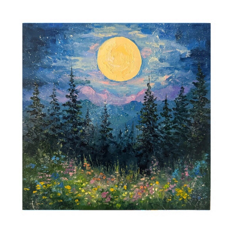 Original Oil Painting FULL MOON landscape Art Night Forest painting 8×6 inches