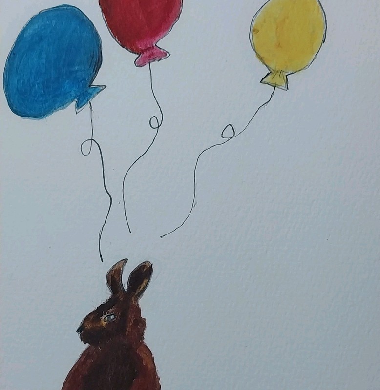 Abrstract Original Painting 6×9 Whimsical Animals Rabbit Bunny Balloons Art