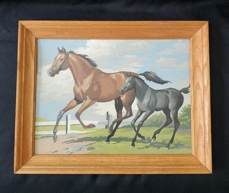 Vintage Paint By Number Picture Horses Running Framed Painting 15″ x 19″
