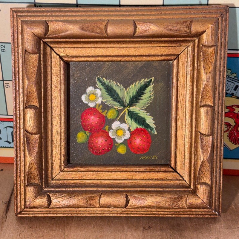 Miniature Oil Painting on Wood, Strawberries, Signed Morel, w Ornate Frame 3″sq