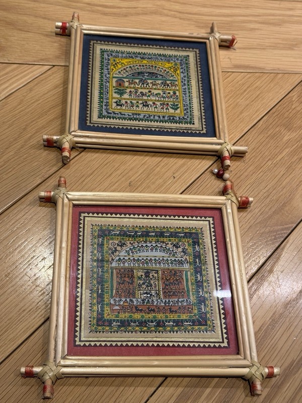 Set of 2 Vintage Warli Tribal Paintings Indian Folk Art Framed Bamboo Wall Decor