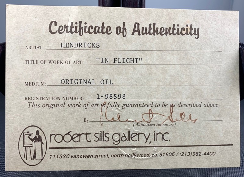 Vintage Framed Signed "In Flight" Oil Painting by Hendricks w/COA gallery