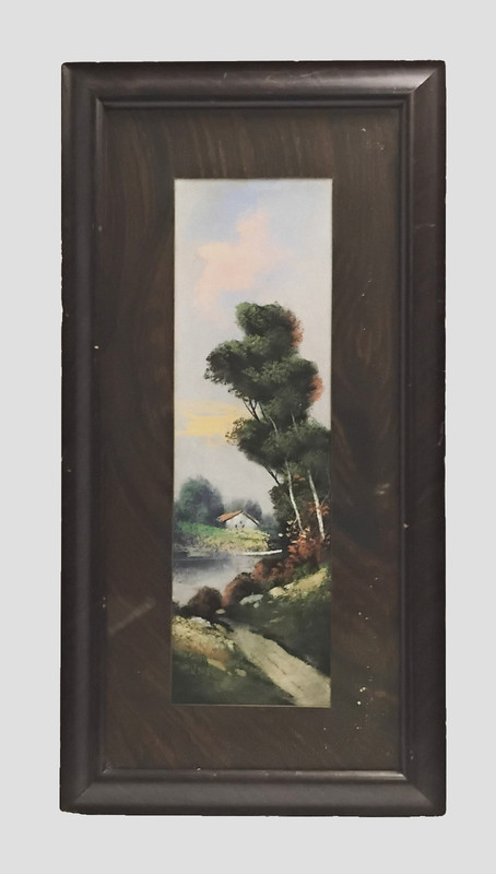 VTG Forest Landscape Painting With A Cabin On A Riverside Framed 25X13