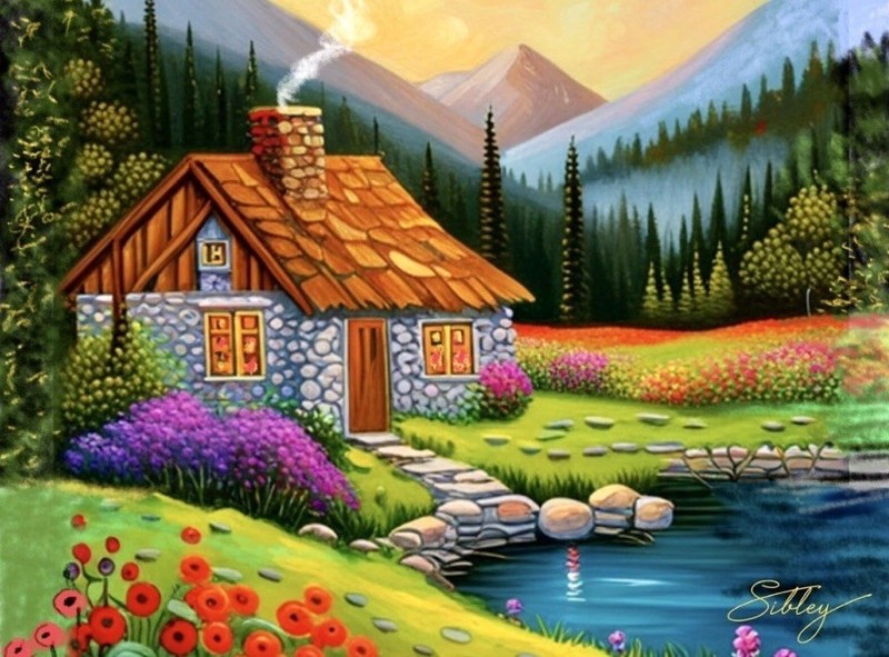 8×10 PRIMITIVE FOLK ART PAINTING “MOUNTAIN LAKE CABIN” Signed Print