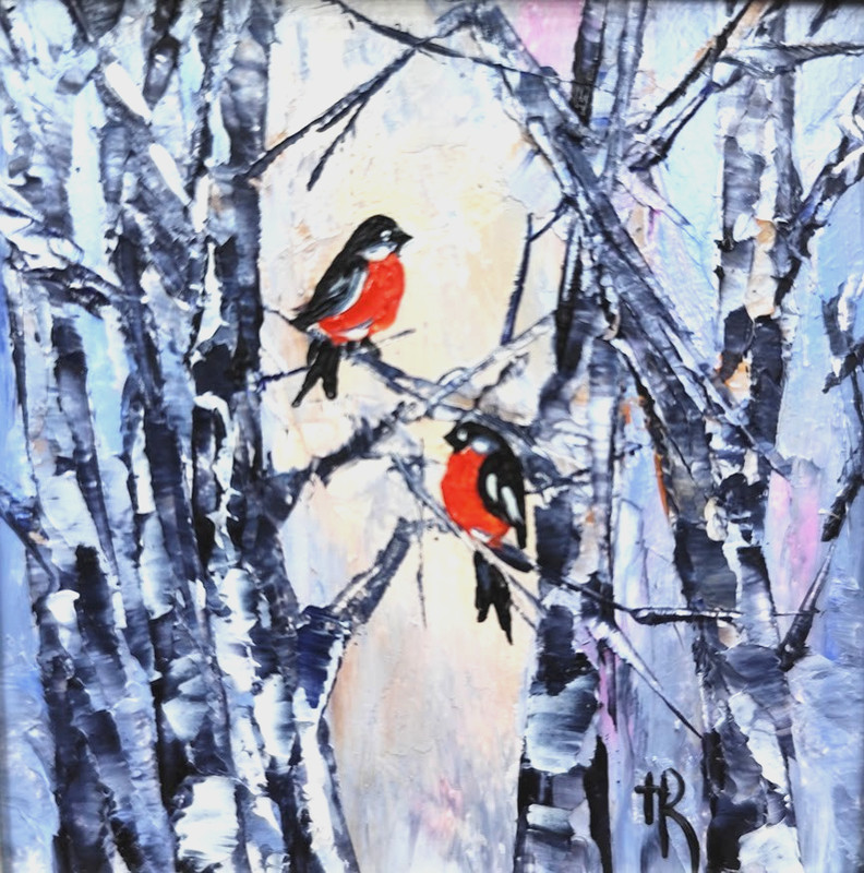 Original Oil Painting Winter Forest Two Red Birds Framed 4x4in Best Gift gallery