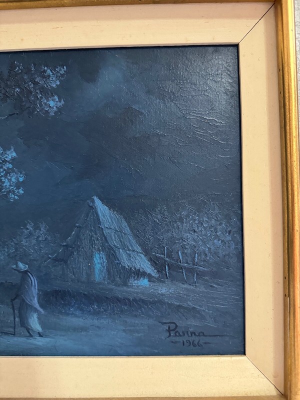 Vtg Mid Century 1966 Oscar Parra Signed Oil Painting Tarde Azul Blue Afternoon gallery