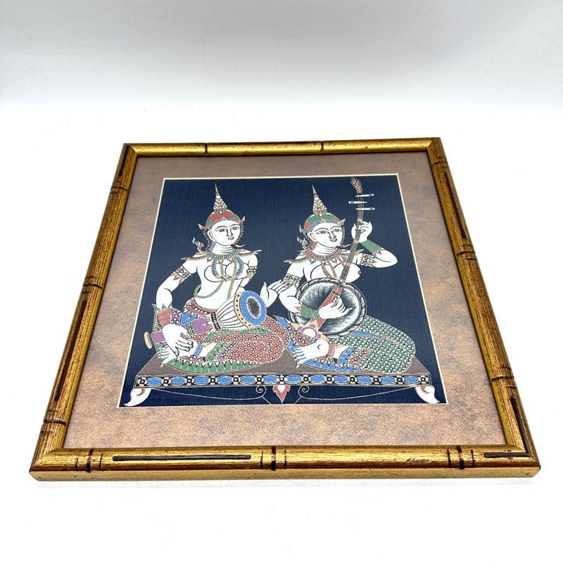 Vintage Painting On Silk India Tabalchi/Tabla Player & Sitarist Framed 14x15" gallery