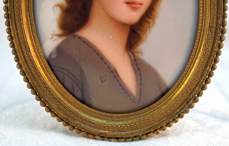 FRENCH SCHOOL MINIATURE OIL ON PORCELAIN Portrait Young Woman with Head Scarf gallery