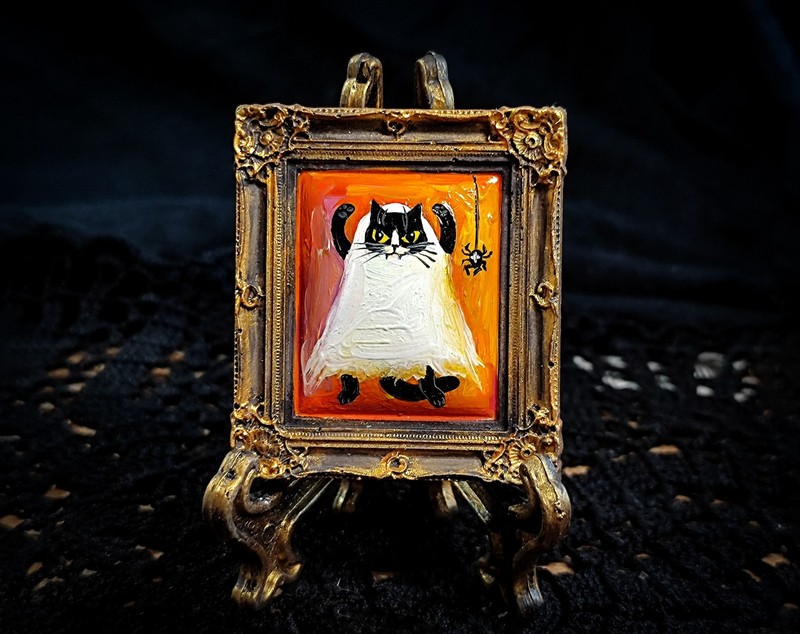 Ghost Black Cat Original Mini Oil Painting Framed Halloween Wall Art Cat Gift gallery