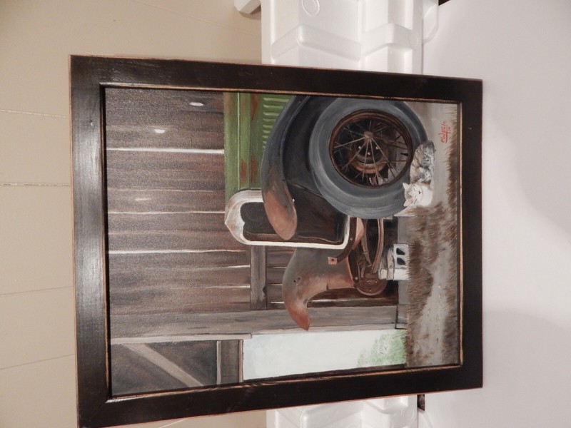ACRYLIC PAINT/ OLEO, "INSIDE OF BARN W/OLD CAR AND CATS.- FRAMED 22.5" x 18.5" gallery