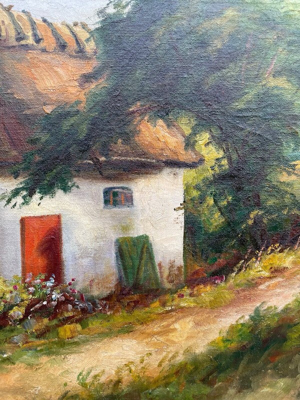 Impressionist Lars Kliim Summer Landscape With Old Farmer's Cottage Antique Oil gallery