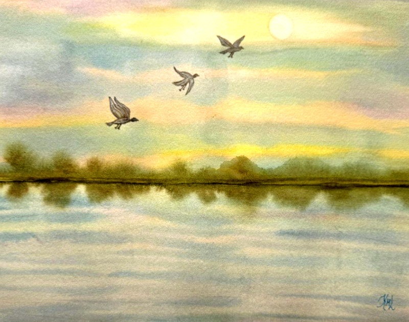 PAINTING WATERCOLOR SUNRISE LAKE LANDSCAPE ART BLUE 11X14 AND DOUBLE MAT 16X20