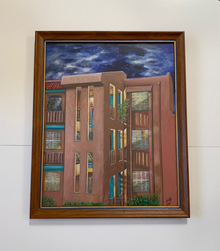 Original Oil Painting Figure On Balcony Apartment Complex Architecture Gallagher