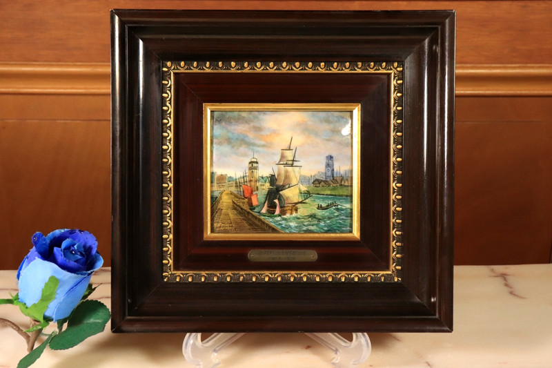 Vintage French Limoges Enamel on Copper Painting Dunkirk Harbor -Ships DDP to US