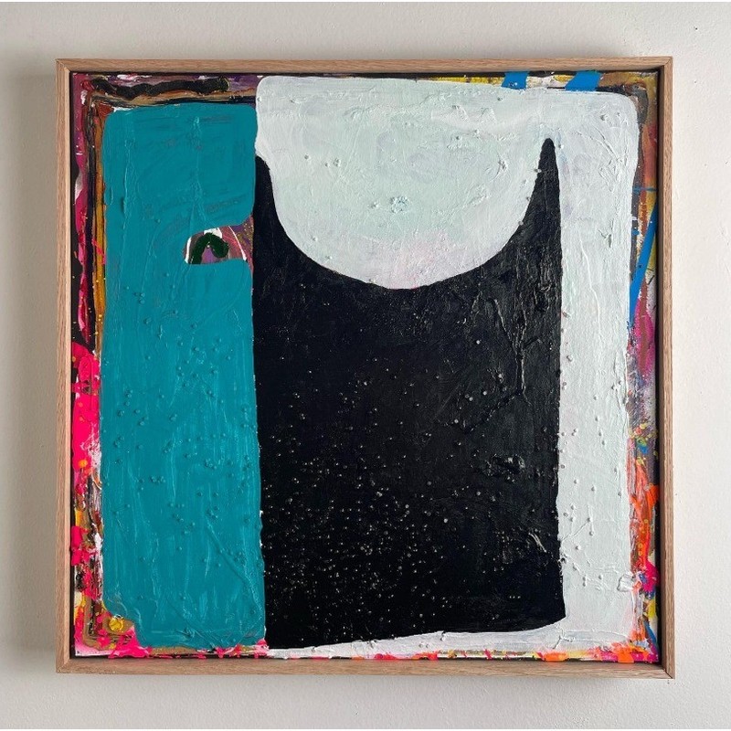 Eternity, Pt. 1 18 x 18 Abstract Mixed Painting Teal Black White Wood Framed