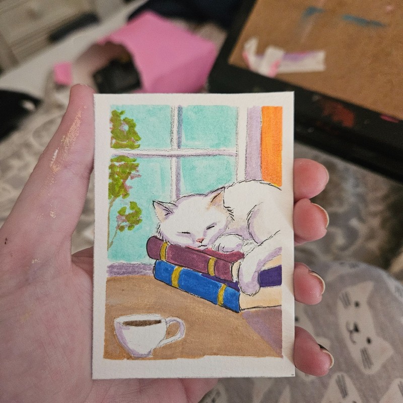 ACEO Art Original Acrylic, 2.5 x 3.5 inches, cat sleeping on books gallery
