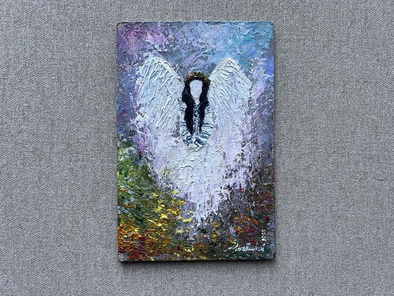 Original Oil Painting Angel in Vyshyvanka, Impasto Guardian Angel Wall Artwork