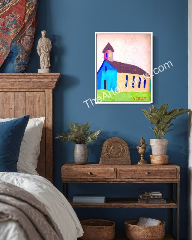 Original Painting Primitive Folk Art Country Farmhouse Church Colorful Canvas gallery