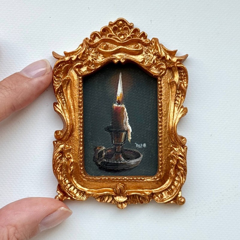 Tiny Gold Frame Painting of Lighted Candle Original Still Life Oil Signed Moody