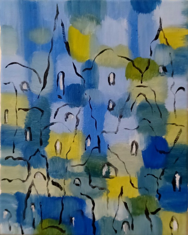 Blue/green Town, oil on canvas original painting by Marina Gershman, 8″x10″