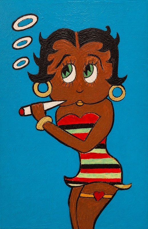 Cartoon Pop Art Women Figures Painting on Blue Background – Girl Smoking Cigar